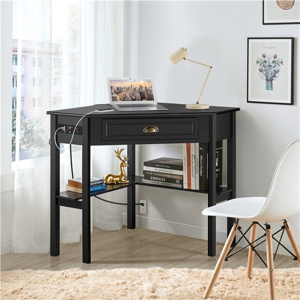 L-Shaped Corner Computer Desk with Built-In Power Outlet — front view