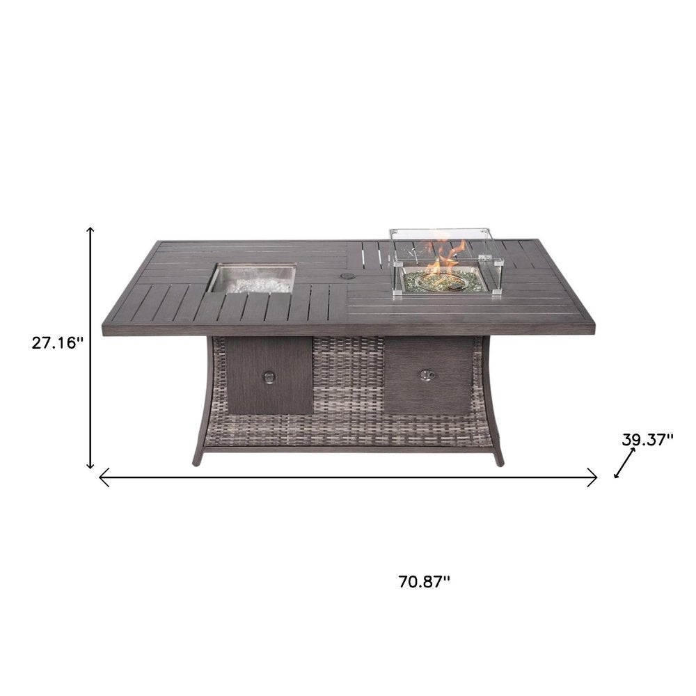 Gray Wicker Outdoor Gas Fire Pit Table with Ice Bucket & Adjustable Flame Control
