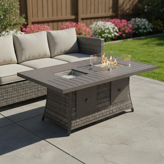 Gray Wicker Outdoor Gas Fire Pit Table with Ice Bucket & Adjustable Flame Control