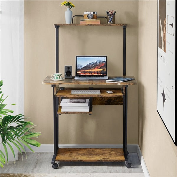 3-Tier Rolling Computer Desk with Keyboard Tray & Locking Casters — detail view