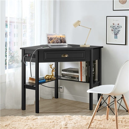 L-Shaped Corner Computer Desk with Built-In Power Outlet — front view