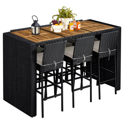 7-Piece Outdoor Bar Set with Acacia Wood Table & Rattan Chairs — front view