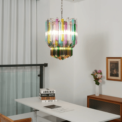 Colorful Prismatic Glass Chandelier with Adjustable Height — front view