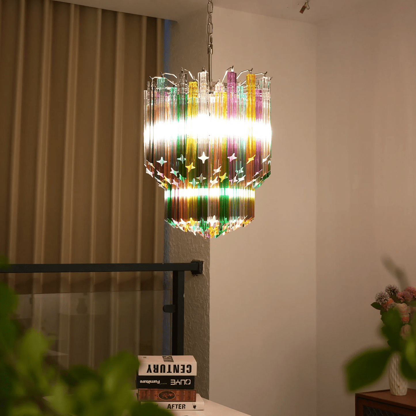 Colorful Prismatic Glass Chandelier with Adjustable Height