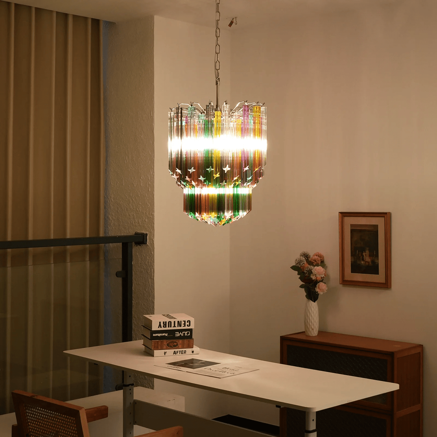 Colorful Prismatic Glass Chandelier with Adjustable Height