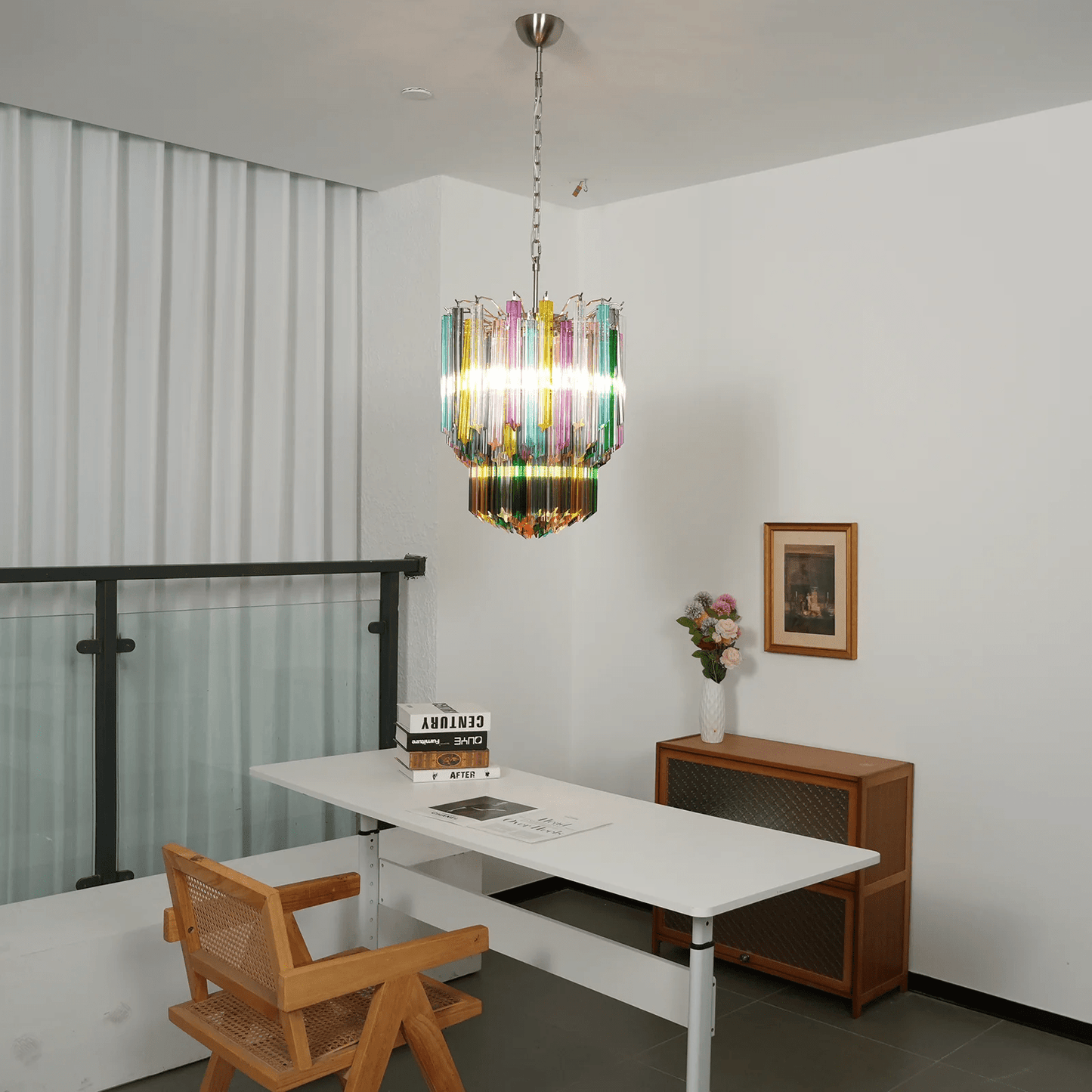 Colorful Prismatic Glass Chandelier with Adjustable Height