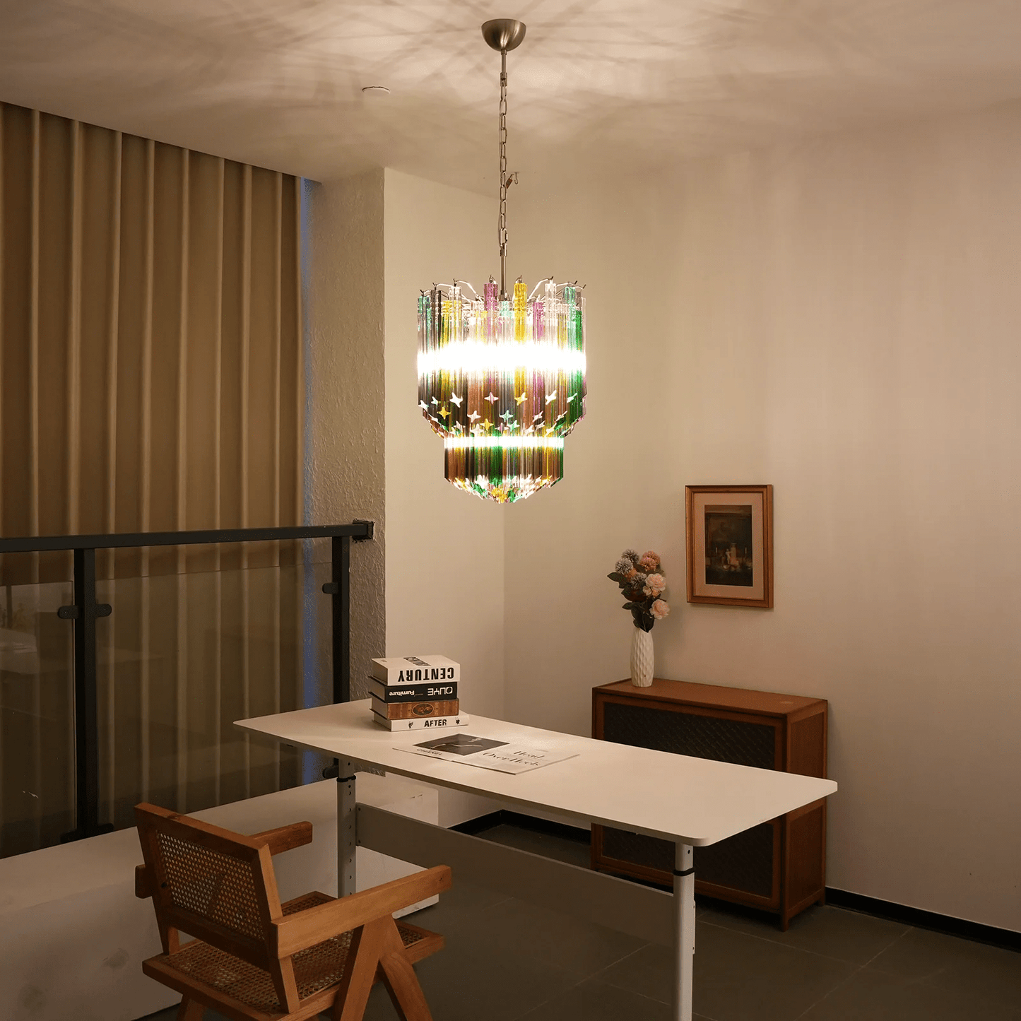 Colorful Prismatic Glass Chandelier with Adjustable Height