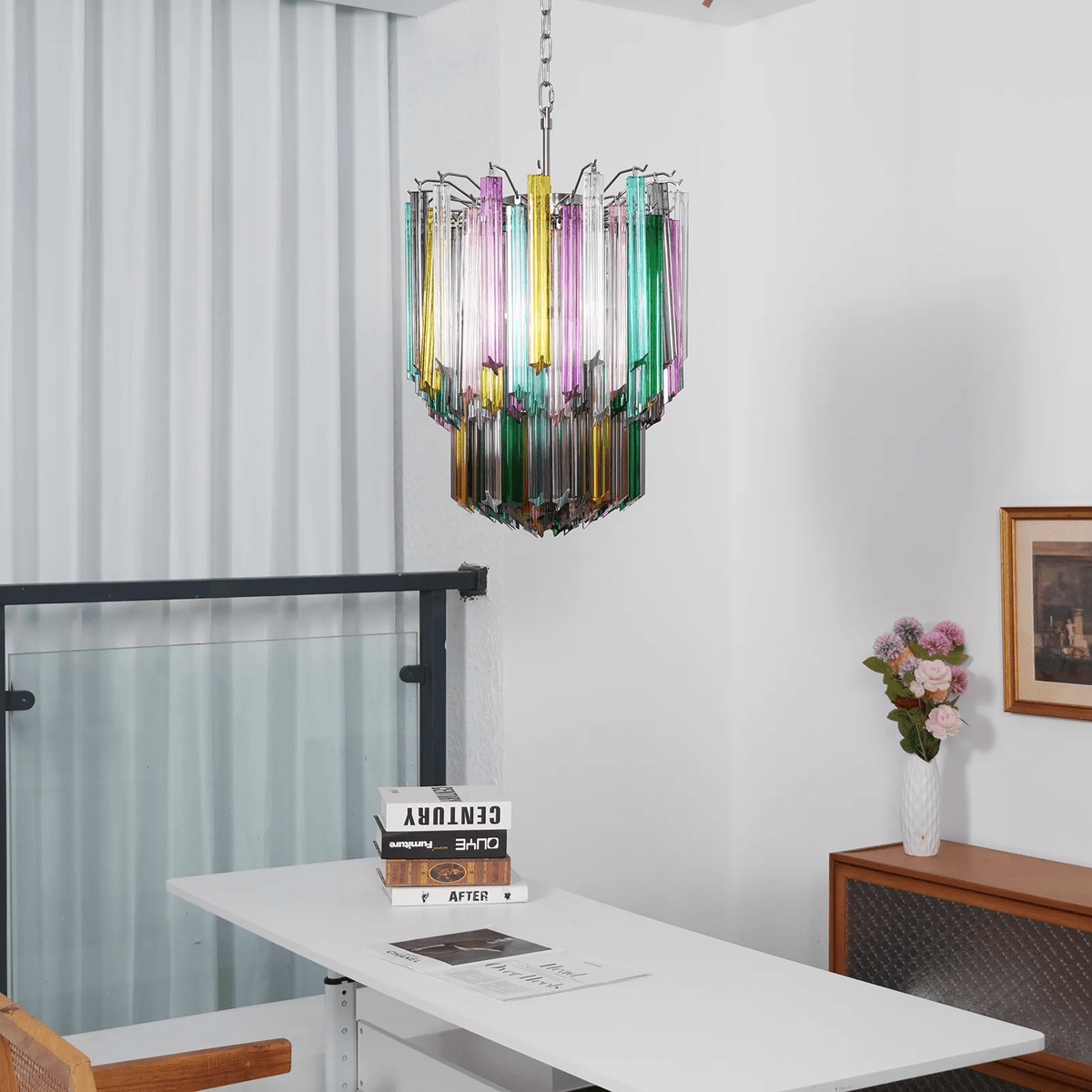 Colorful Prismatic Glass Chandelier with Adjustable Height