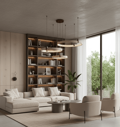 Celestial Orbit Travertine Chandelier with Adjustable Height — front view