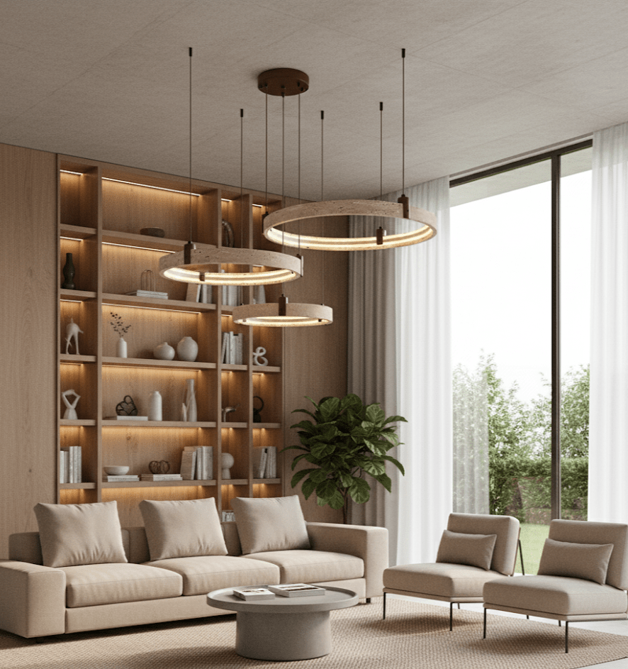 Celestial Orbit Travertine Chandelier with Adjustable Height — lifestyle view