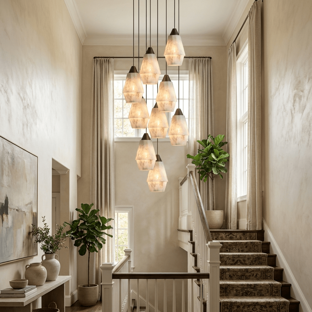 Faceted Alabaster Cluster Chandelier with Adjustable Height