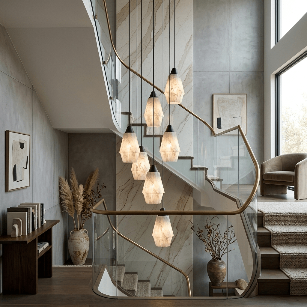 Faceted Alabaster Cluster Chandelier with Adjustable Height