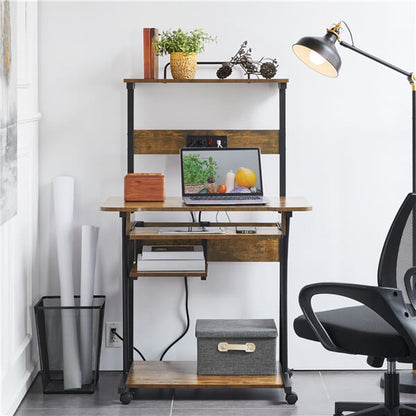 3-Tier Rolling Computer Desk with Power Outlet & Storage Shelves — front view