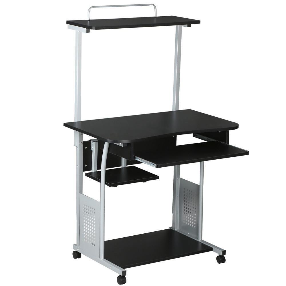 3-Tier Mobile Computer Desk with Keyboard Tray & Locking Wheels — detail view