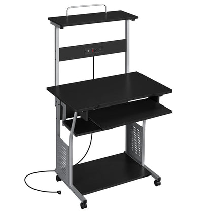 3-Tier Rolling Computer Desk with Power Outlet & Storage Shelves — detail view