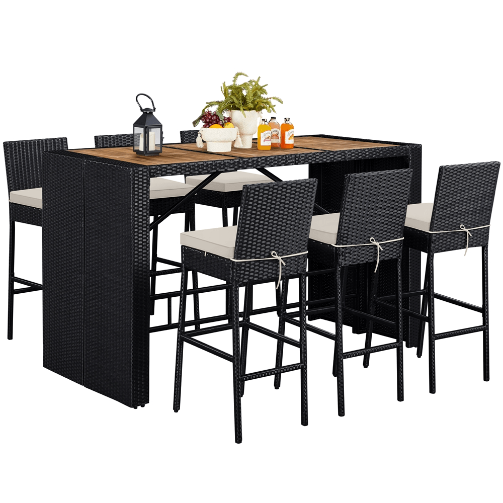 7-Piece Outdoor Bar Set with Acacia Wood Table & Rattan Chairs — side view