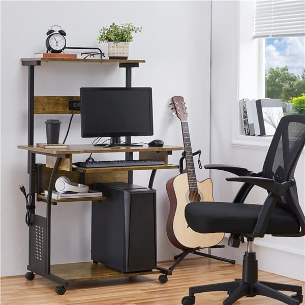3-Tier Rolling Computer Desk with Power Outlet & Storage Shelves — lifestyle view