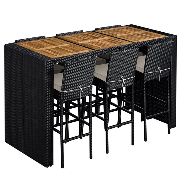 7-Piece Outdoor Bar Set with Acacia Wood Table & Rattan Chairs — detail view