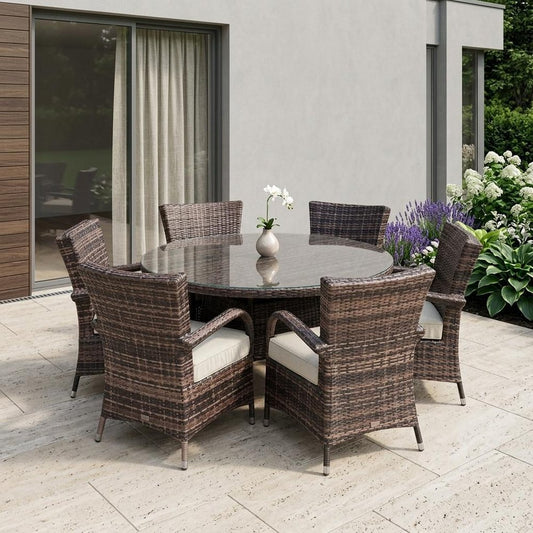 Seven-Piece Round Glass Dining Set with Clear and Gray Finish, Modern Design