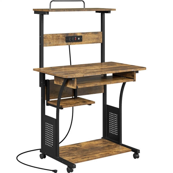 3-Tier Rolling Computer Desk with Power Outlet & Storage Shelves — side view