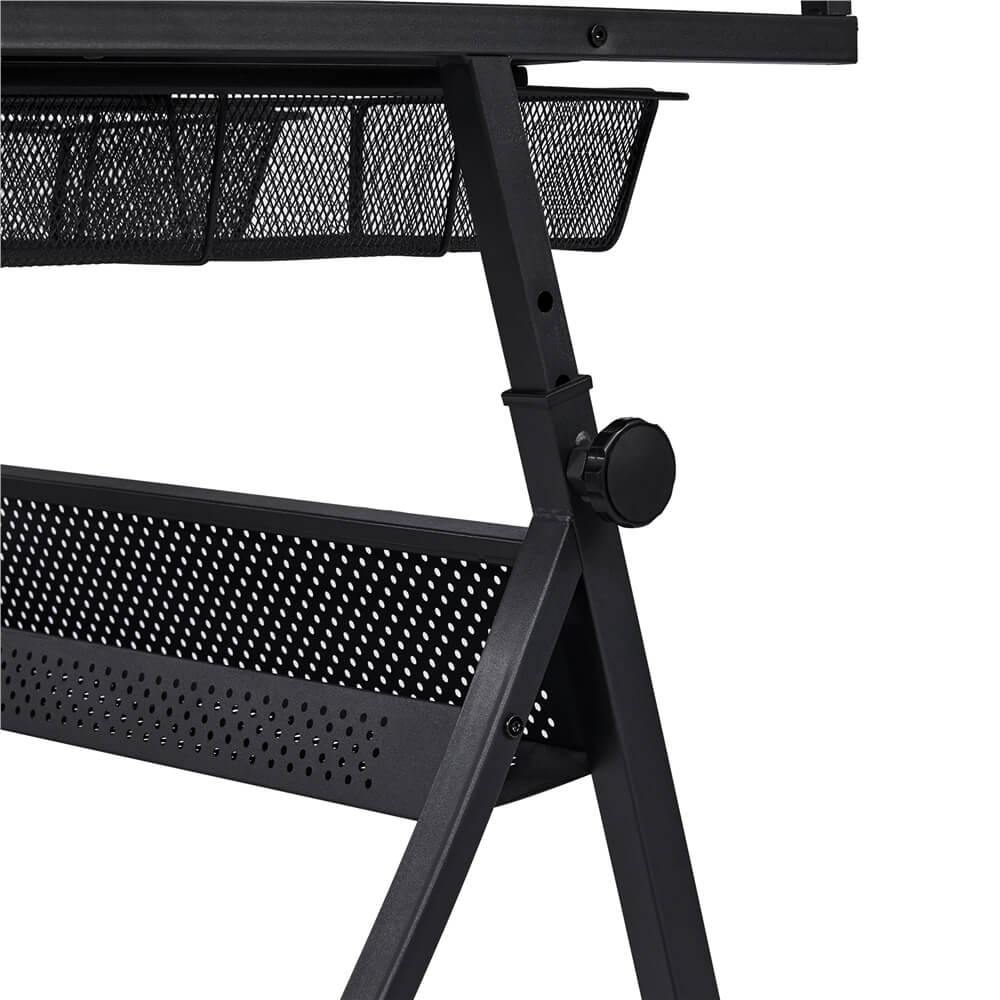 Adjustable Glass Drafting Table with Tilting Top & Storage Drawer — detail view