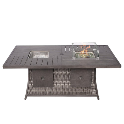 Gray Wicker Outdoor Gas Fire Pit Table with Ice Bucket & Adjustable Flame Control