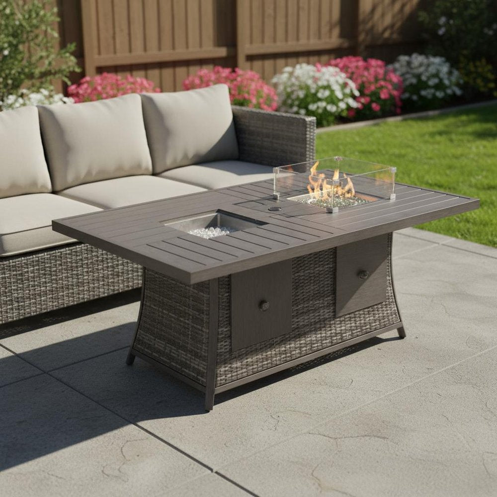 Gray Wicker Outdoor Gas Fire Pit Table with Ice Bucket & Adjustable Flame Control