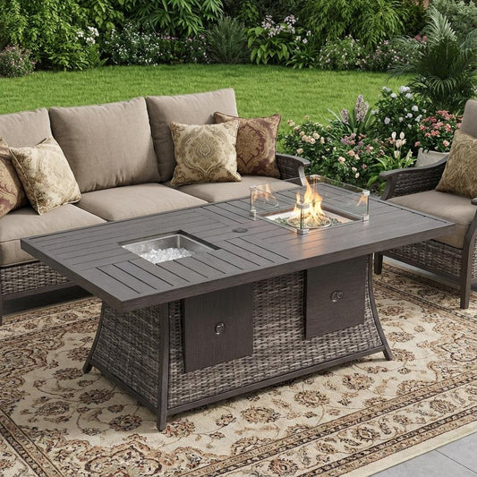 Gray Wicker Outdoor Gas Fire Pit Table with Ice Bucket & Adjustable Flame Control