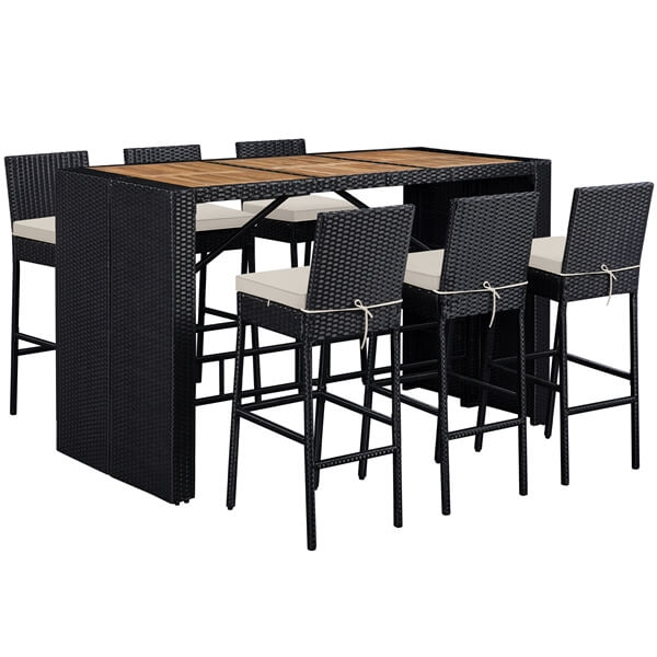 7-Piece Outdoor Bar Set with Acacia Wood Table & Rattan Chairs — alternate angle