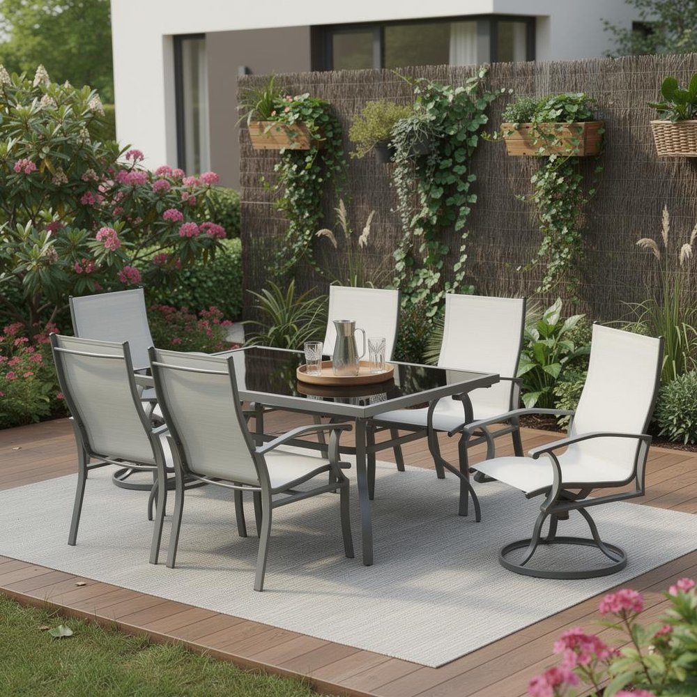 Seven-Piece Black and Gray Rectangular Glass Dining Set with 6 Chairs, Modern Design