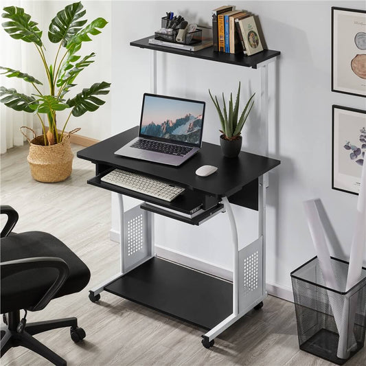 3-Tier Mobile Computer Desk with Keyboard Tray & Locking Wheels — front view