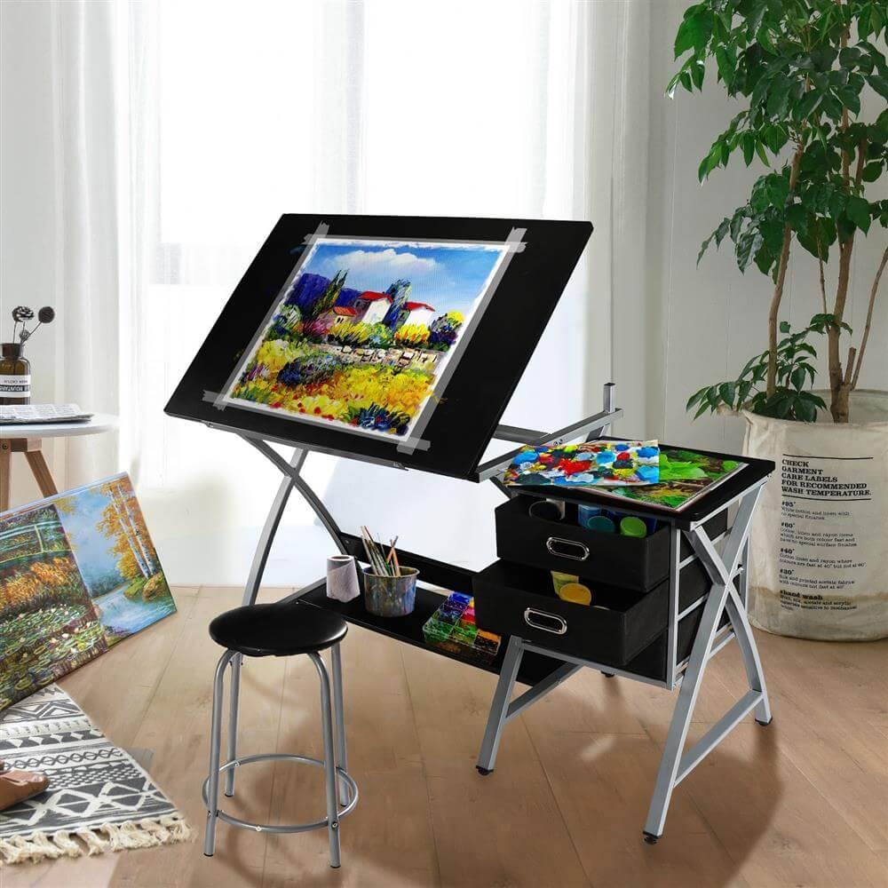Drafting Desk & Stool Set with Adjustable Tilt, up to 60° — front view