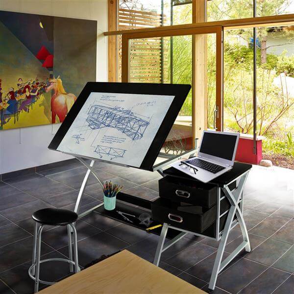 Drafting Desk & Stool Set with Adjustable Tilt, up to 60° — lifestyle view