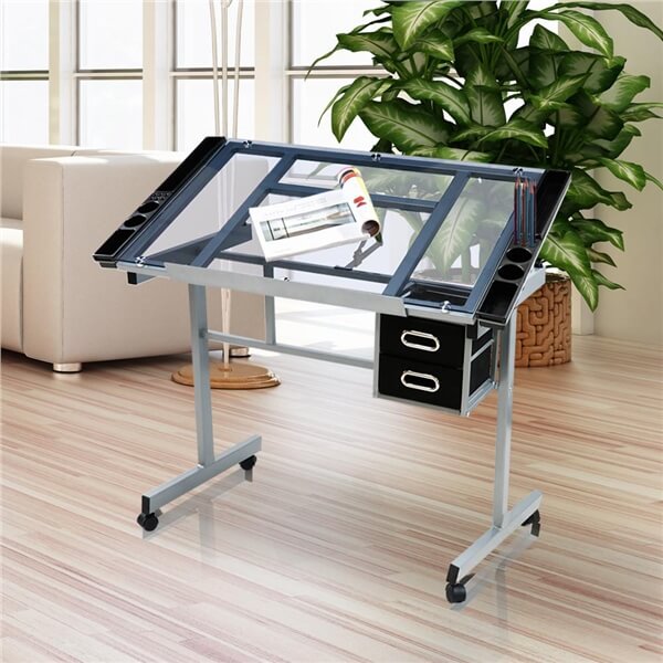 Tinted Glass Drafting Table with Light-Table Function & Storage — lifestyle view