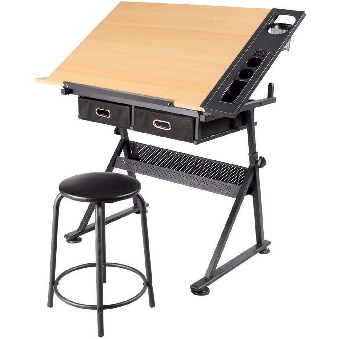 Height-Adjustable Drawing Table with Slide-Out Side Tray — side view