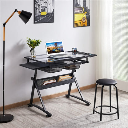 Adjustable Glass Drafting Table with Tilting Top & Storage Drawer — front view