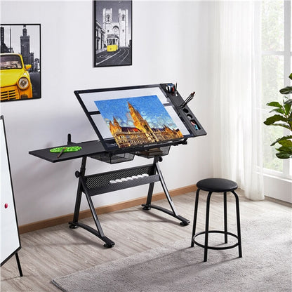 Adjustable Glass Drafting Table with Tilting Top & Storage Drawer — lifestyle view