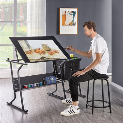 Brennware Adjustable Drafting Table Tilting Surface Fabric Drawers – side view