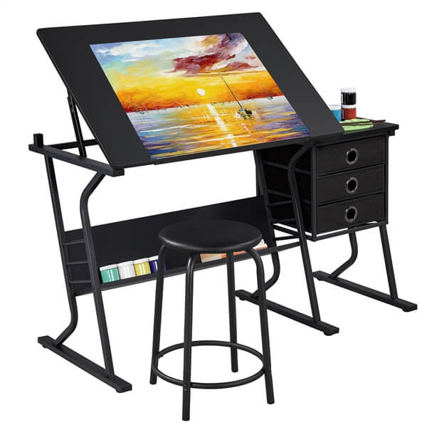 Adjustable Drafting Table with Tilting Surface & Fabric Drawers — detail view