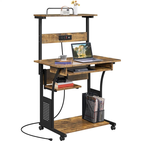 3-Tier Rolling Computer Desk with Power Outlet & Storage Shelves — alternate angle