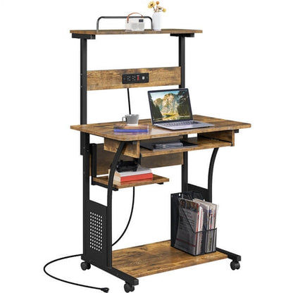 3-Tier Rolling Computer Desk with Power Outlet & Storage Shelves — alternate angle