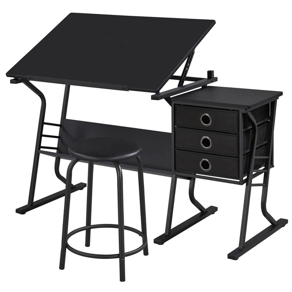 Adjustable Drafting Table with Tilting Surface & Fabric Drawers — side view