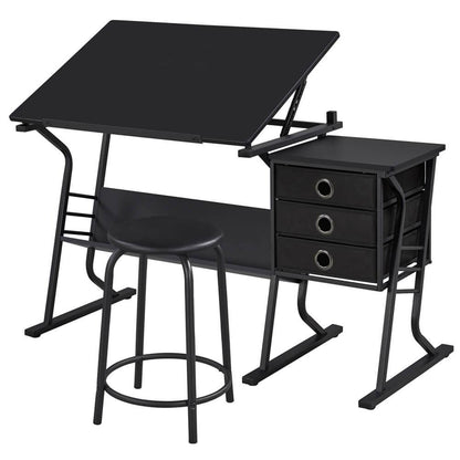 Adjustable Drafting Table with Tilting Surface & Fabric Drawers — side view