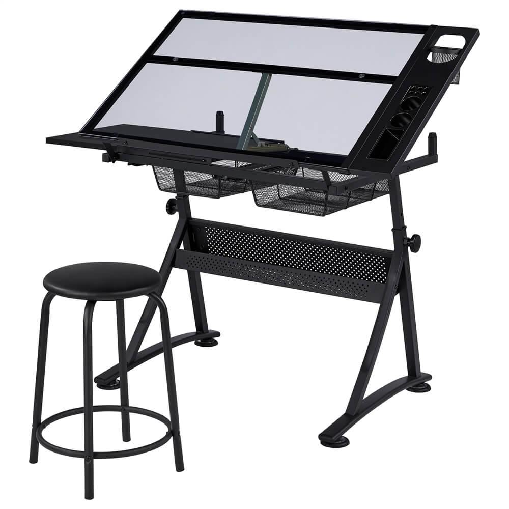 Adjustable Glass Drafting Table with Tilting Top & Storage Drawer — side view