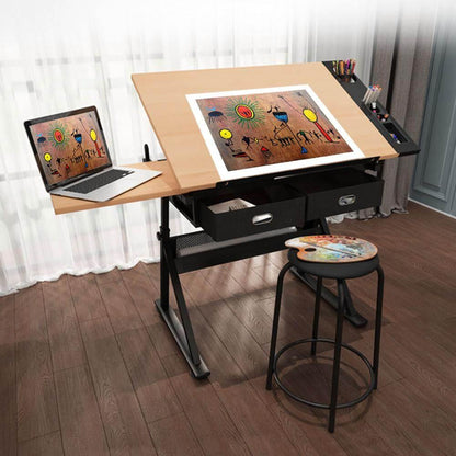 Height-Adjustable Drawing Table with Slide-Out Side Tray — detail view