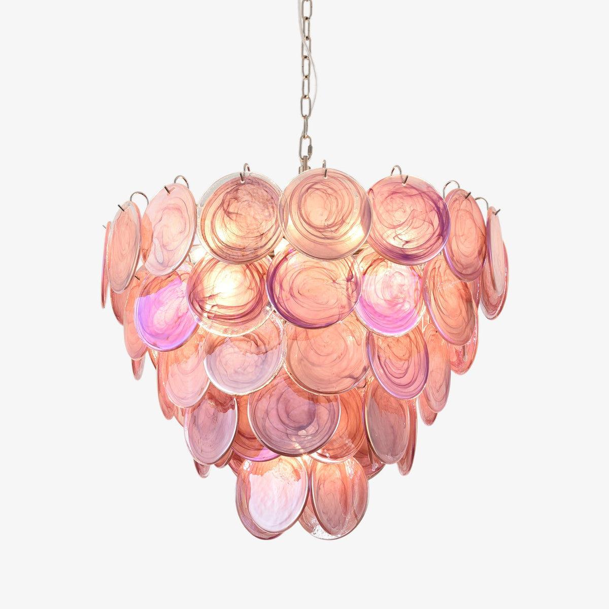 Pink Glass Disc Chandelier with Soft Light — side view