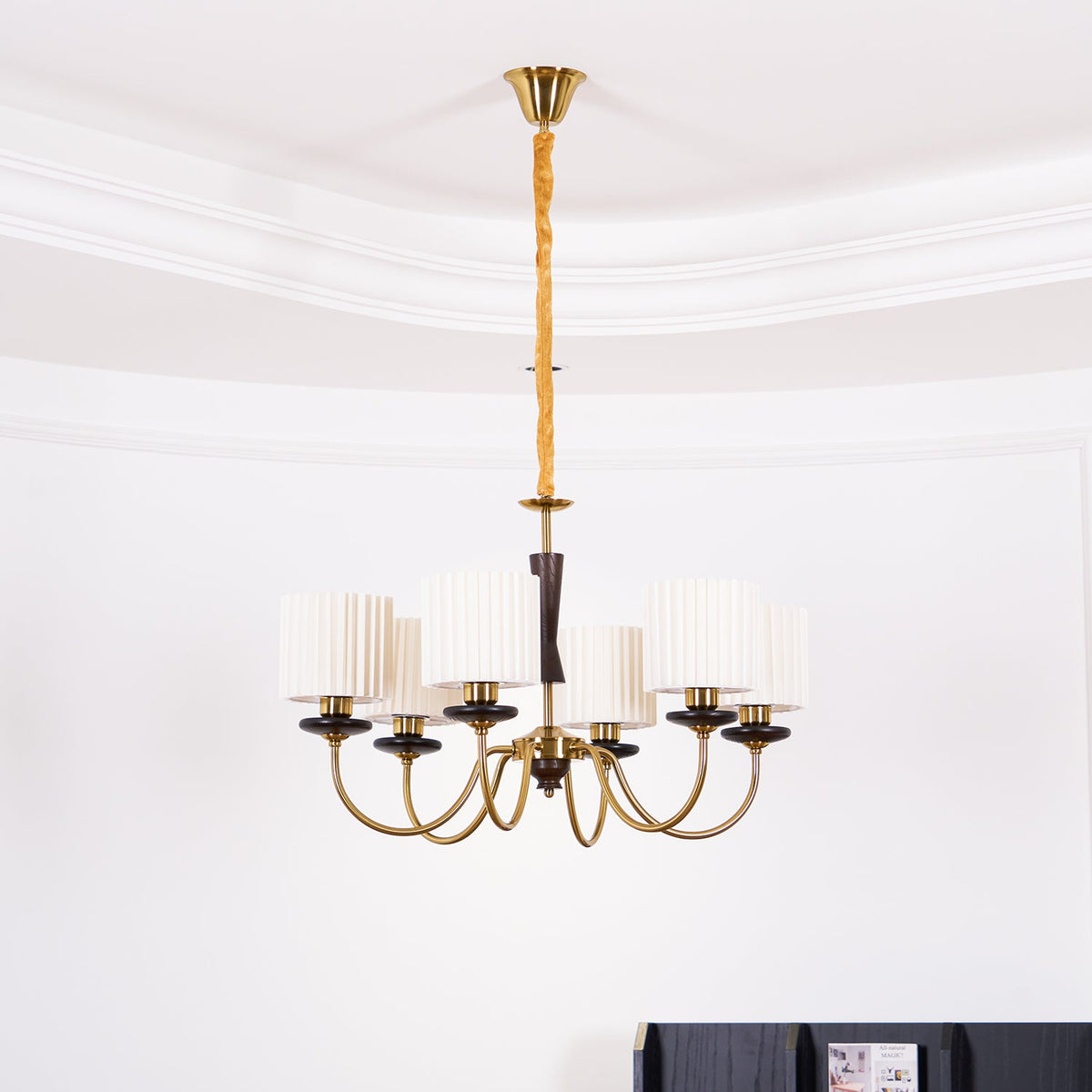 Walnut Copper Chandelier with Dimmable LED — front view