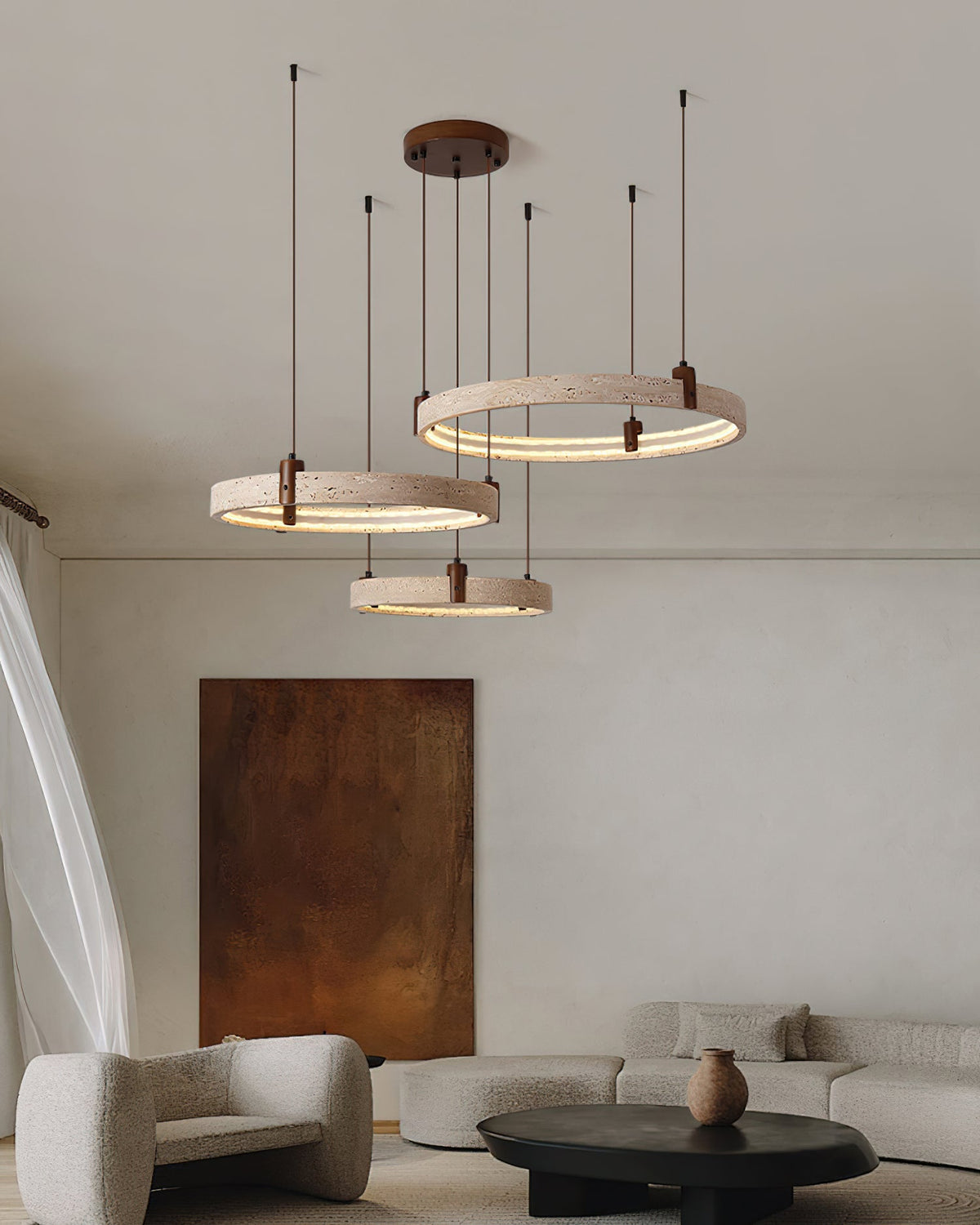 Celestial Orbit Travertine Chandelier with Adjustable Height