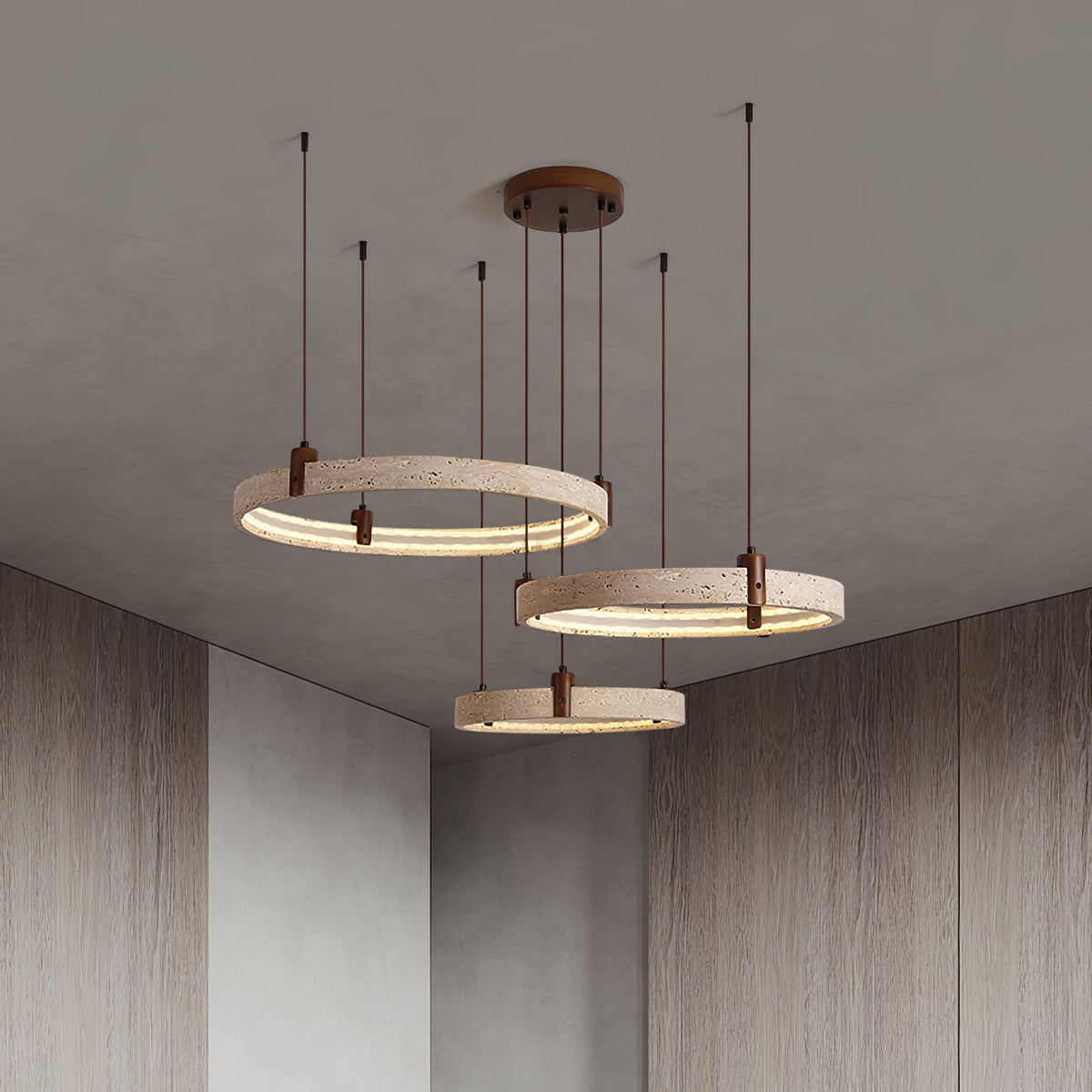 Celestial Orbit Travertine Chandelier with Adjustable Height