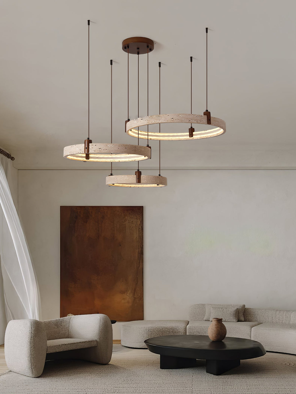 Celestial Orbit Travertine Chandelier with Adjustable Height